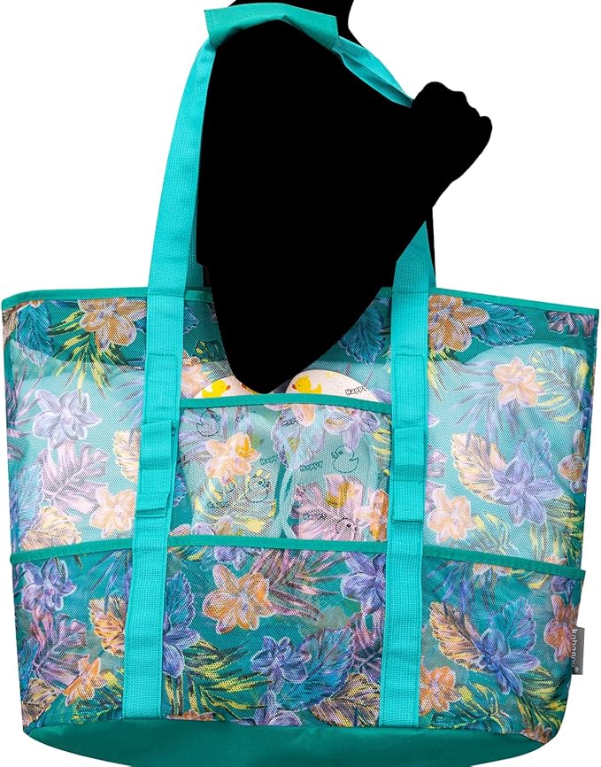KABAQOO Mesh Beach Bag, Extra Large Beach Bags with 9 Pockets & Zipper Waterproof Lightweight Beach Tote for Beach/Pool Trip | Extra Large, 9 Pockets, Zipper, Waterproof, Lightweight, Beach/Pool Trip
