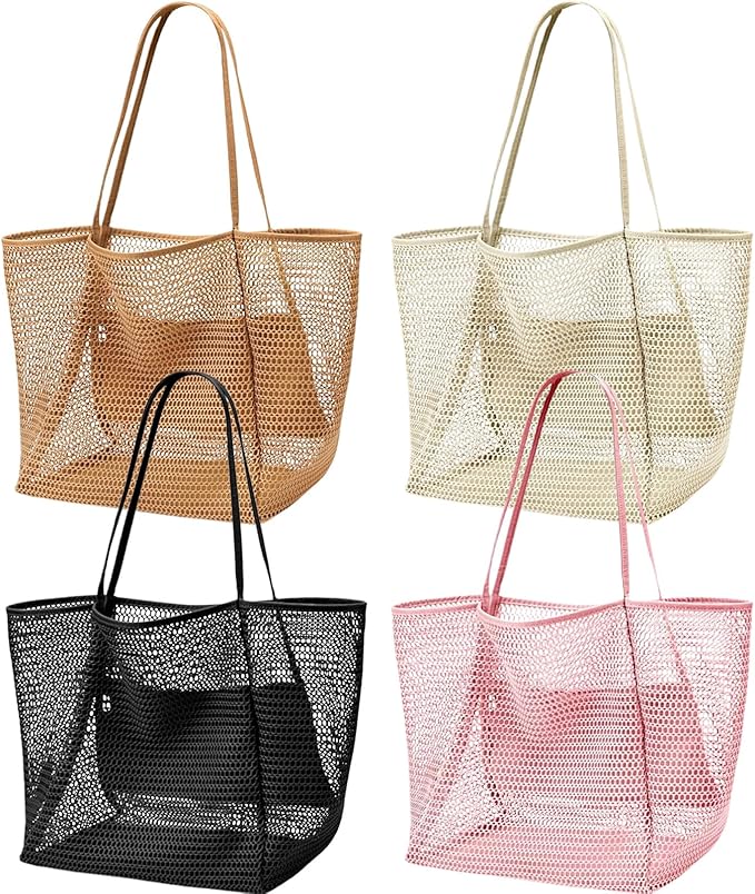 4pcs Beach Bags for Women,Nylon Mesh Summer Travel Tote Bag with Large Inner Zipper Pocket
