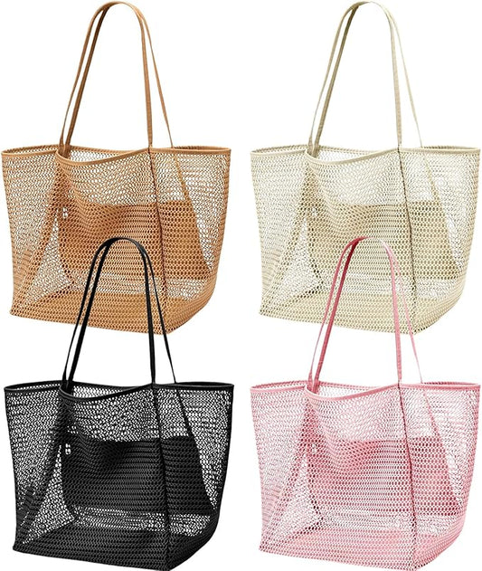 4pcs Beach Bags for Women,Nylon Mesh Summer Travel Tote Bag with Large Inner Zipper Pocket