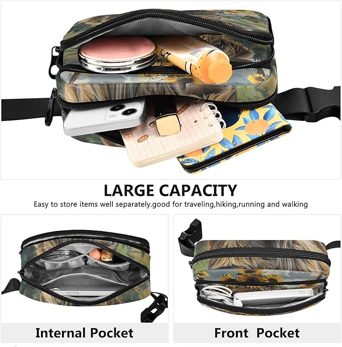 Highland Cow Sunflowers Fanny Pack for Women Men Water Resistant Fashion Waist Packs with Adjustable Strap Belt Bag for Travel Workout Jogging Hiking 21220115