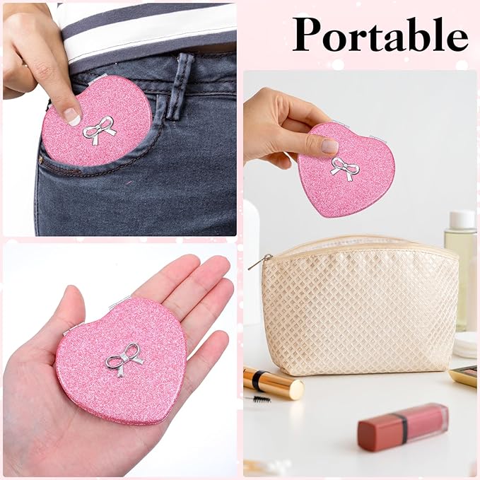 Compact Folding Mirror Heart Shaped Double-Sided 1X/2X Magnifying Mirror Cute Mini Glitter Makeup Mirror with PU Leather Ultra-Portable Cosmetic Mirror for Women Home Office Travel (Rose red)
