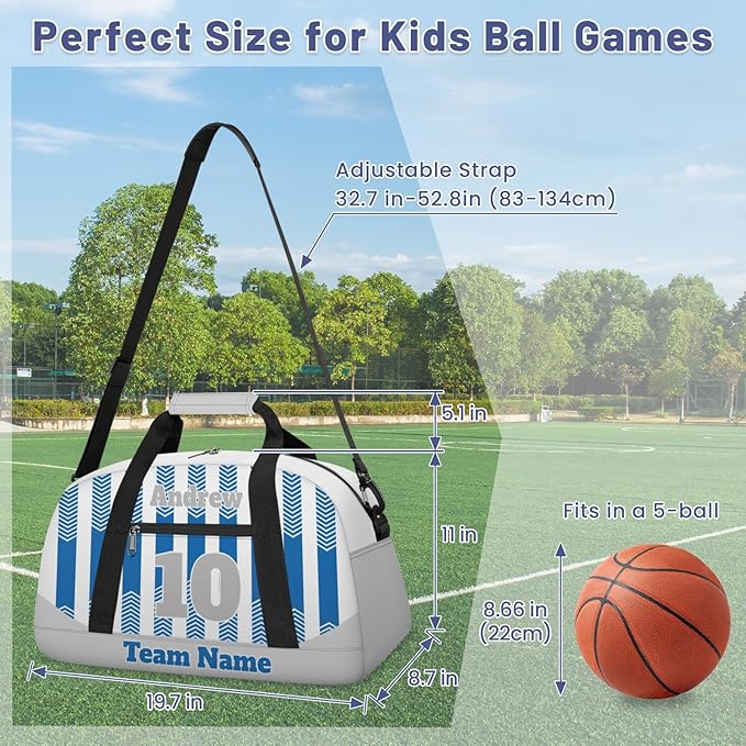Basketball Soccer Gifts for Boys Girls - Custom Sports Duffle Bag, Personalized Name & Team Bag, Water-Resistant Gym Bag for Basketball, Soccer, Volleyball | Y-Cyan Grey