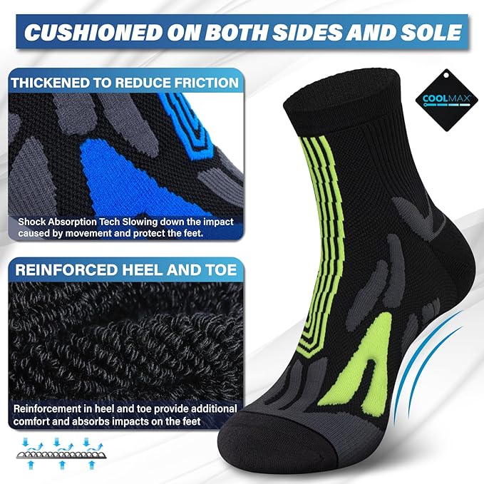 Hylaea Compression Running Socks for men, Coolmax Anti-Blister Cushion Crew Socks for Athletic, Moisture Wicking & Seamless