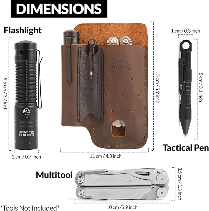 Leather EDC Multitool Sheath with Flip Closure | Leather EDC Belt Organizer | Flashlight Holster | Heavy Duty Multitool Organizer