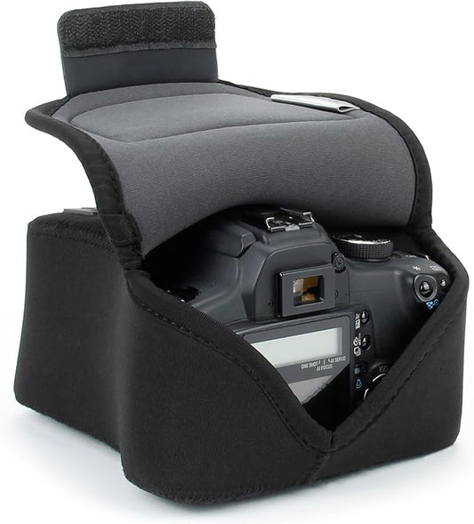 USA Gear Camera Sleeve (Medium) for Compact SLRs Compatible with Canon EOS R100 Nikon Z30 Sony ZV-E10, and more - Padded Neoprene DSLR Case with Zipper Accessory Pocket & Belt Loop (Black)