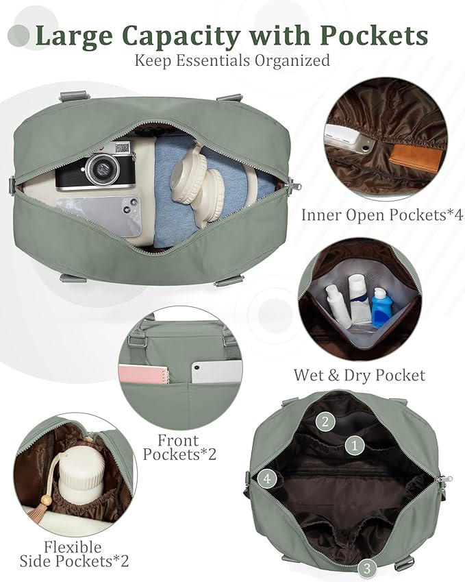 Gym Bag for Women,Travel Duffle Bag for Travel with Wet Pocket Weekender Overnight Carry On Tote Bag Luggage Bag with Trolley Sleeve Personal Item Travel Bag Hospital Diaper Bag Green