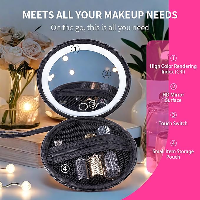 LED Makeup Mirror with Pouch, Portable Lighted Mirror, USB Rechargeable Travel Mirror, 3 Color Modes, Folding Vanity Mirror for Women