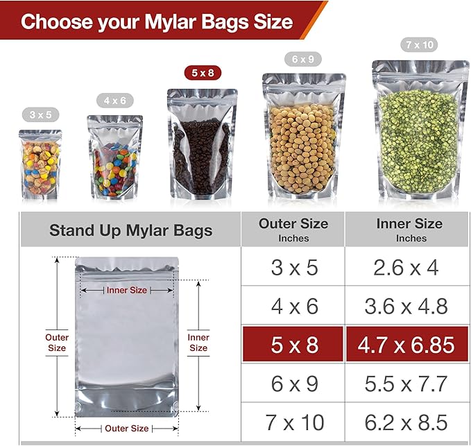 BELLE KR® 5x8 Mylar Bags Stand Up - Pack Of 1000-7.5mil Thick - Clear Mylar Bags with See Through Window for Freeze Dryer