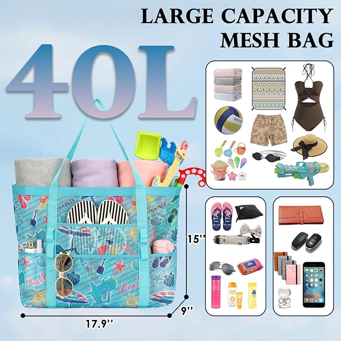 Mesh Beach Bag, Large Beach Tote with Zipper Pocket, Toys Pool Bag for Family Travel Vacation Cruise Essentials