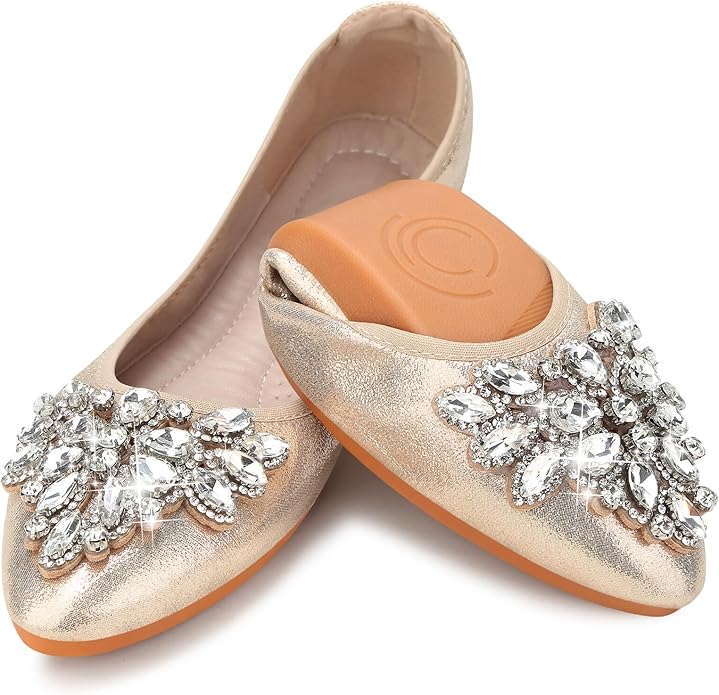 KUNWFNIX Women Ballet Flats Rhinestone Wedding Ballerina Shoes Foldable Sparkly Comfort Slip on Flat Shoes