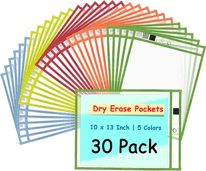 Ndsox 30 Packs Oversized Dry Erase Pockets Reusable Plastic Sleeves, 5 Colors Shop Ticket Holders & Sheet Protectors Document Sleeves for Teachers, Classroom Organization, School Supplies Must Have