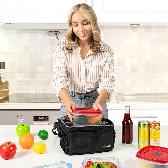 opux Lunch Box for Men, Adult Lunch Box Cooler, Insulated Lunch Bag Women, Dual Compartment Lunchbox for Work, Leakproof Double Decker Lunch Bag, Soft Lunch Pail Tote Boys Girls Kids School, Black