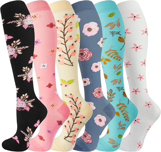 bropite Flora Compression Socks for Women & Men-Knee high 6 Pairs 20-30mmhg Support Running Nurse Travel