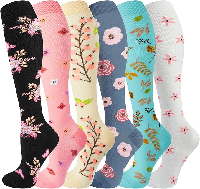 bropite Flora Compression Socks for Women & Men-Knee high 6 Pairs 20-30mmhg Support Running Nurse Travel