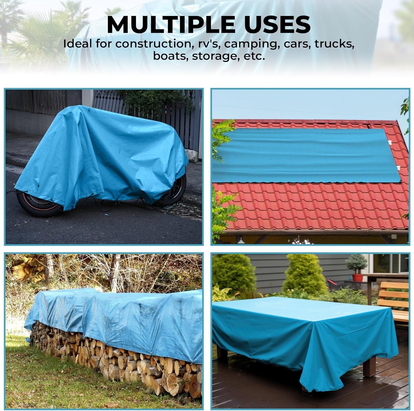 Tarps Heavy Duty Waterproof 20x20-12 mil Thick Camping Tent - Blue Tarp 20x20 UV Resistant, Rip & Tear Proof with Metal Grommets – Multipurpose Use for Camping, Tent, Boat, RV, Car, & Pool Cover