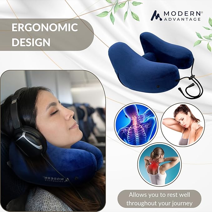 Modern Advantage Inflatable Travel Pillow for Airplanes with Comfort Hood, Adjustable Neck Support, Lightweight & Compact Flight Pillow for Sleeping on Long Flights & Travel (Blue)