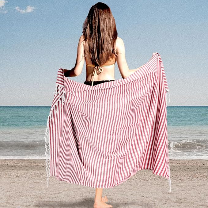 Turkish Striped Beach Towels Bulk Oversized 39"x71" Large Bath and Pool Set Quick Dry Lightweight Travel Towel for Adult,100% Cotton TEBT-18-1red