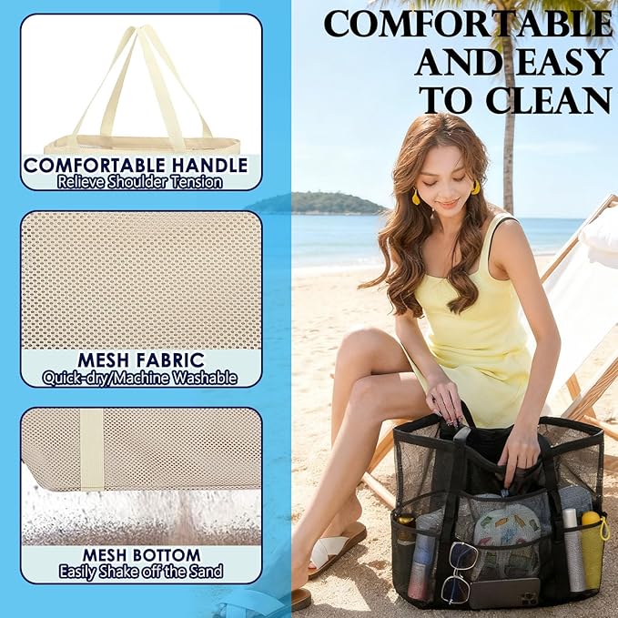 Mesh Beach Bag, Large Beach Tote with Zipper Pocket, Toys Pool Bag for Family Travel Vacation Cruise Essentials