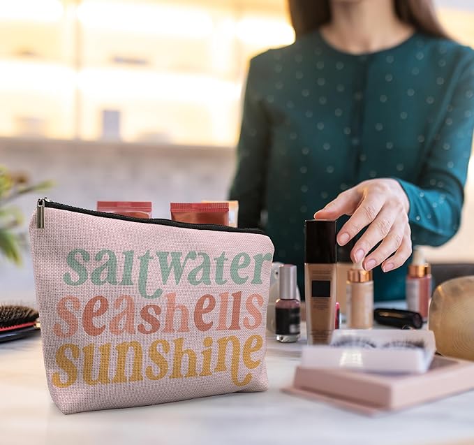 Beach Makeup Bag,Sunscreen Summer Travel Makeup Pouch,Saltwater Seashells Sunshine Travel Cosmetic Zipper Bags for Women,Beach Gifts for Women (color-04)