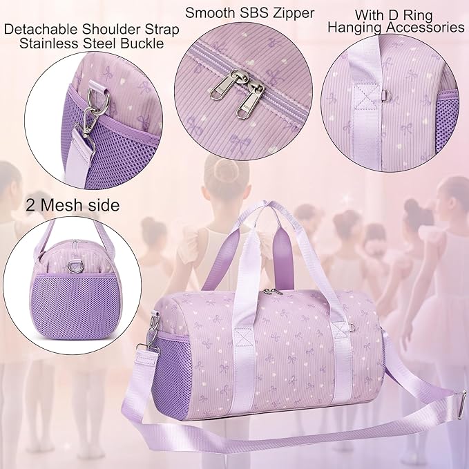 Dance Bag for Girls Corduroy Purple Ballet Dance Bags for Girls 4-6 Toddler Small Duffle Ballerina Bags with Waterproof Dry Wet Separated Compartment