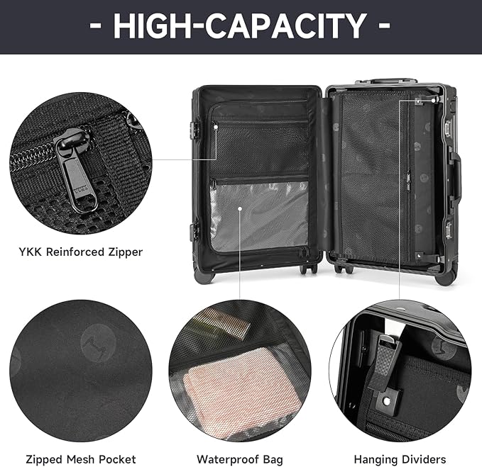Hard Shell Carry On Luggage 22x14x9 Airline Approved,20 Inch Aluminum Luggage with 100% 3-Layer PC,Carry On Suitcases with Wheels,Cup Holder and USB Port (Classic Black, 20 inch)