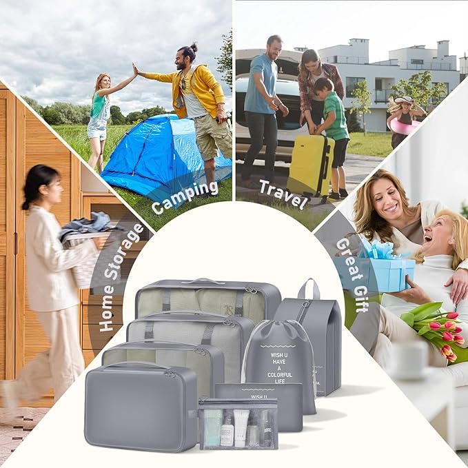 8 Set Packing Cubes for Travel Luggage Organizer Bags for Family, Mesh Packing Cubes for Suitcases, Travel Essentials Bags Set for Women & Men