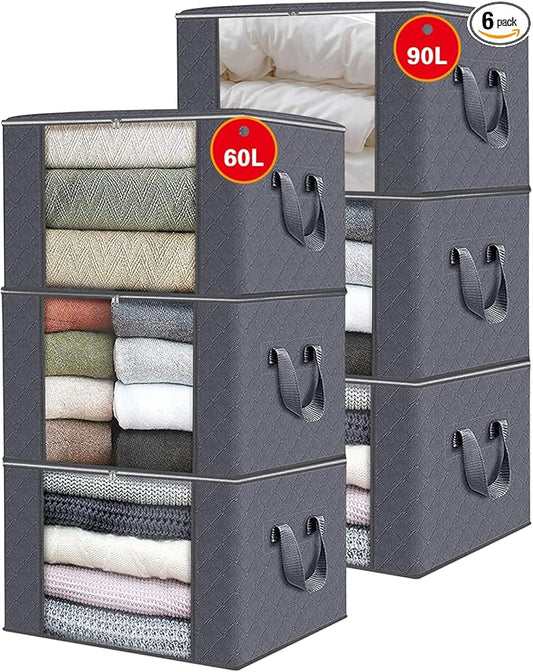 6 Pack 60L/90L Extra Large Moving Bags Comforter and Blanket Storage Bins With Lids Foldable Storage Bags For Clothing, Blanket, Comforters, Bed Sheets, Pillows