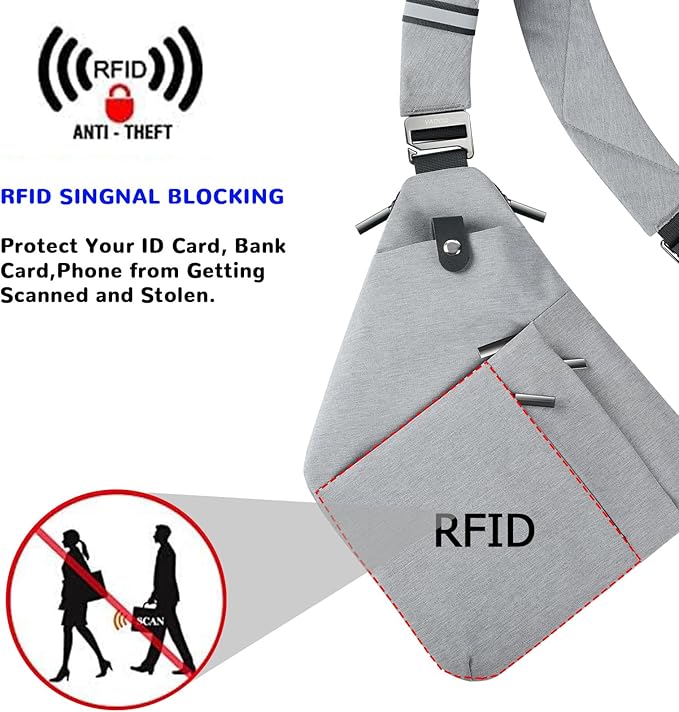 VADOO Anti-theft Sling Bag, RFID Blocking Crossbody Bag for Women and Men Lightweight Shoulder Chest Bag for Travel Sport, Grey 2.0, Large