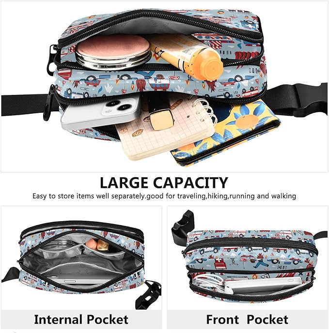 Kawaii Fire Police Cars Fanny Pack for Women Men Water Resistant Fashion Waist Packs with Adjustable Strap Belt Bag for Travel Workout Jogging Hiking 21219350