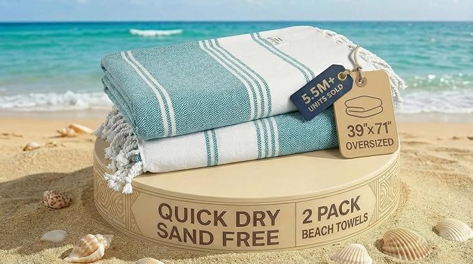 LANE LINEN Turkish Beach Towels, 2 Pack Extra Large Beach Towel, Pre-Washed for Soft Feel, Oversized Sand Free Quick-Dry Pool Towel, Beach Towels for Adults, 39"x71" - Baltic