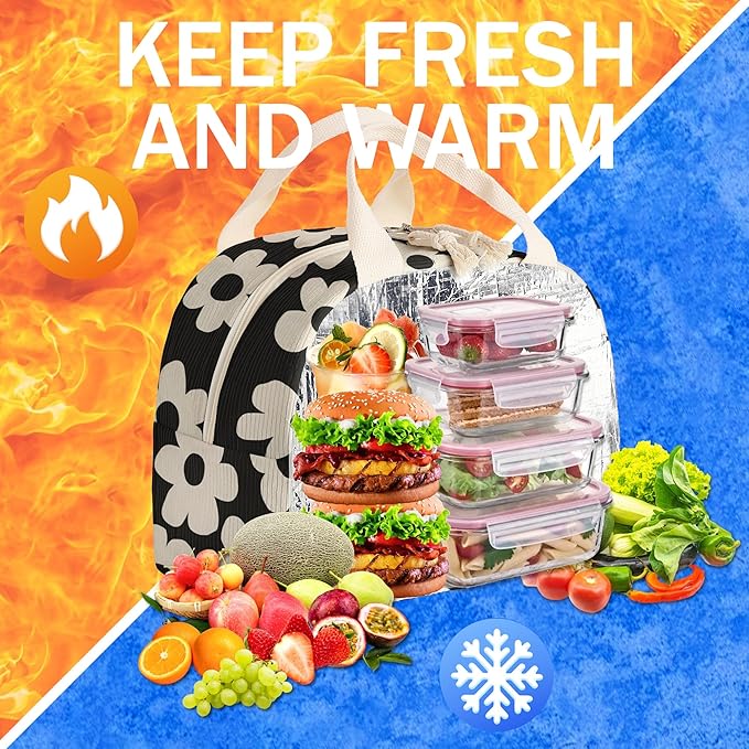Insulated Lunch Box for Women and Men,Corduroy Lunch Bags for Work,Leakproof Adults Cooler Tote Bag for Offices,Picnic,Travel,Outdoor (flowers)