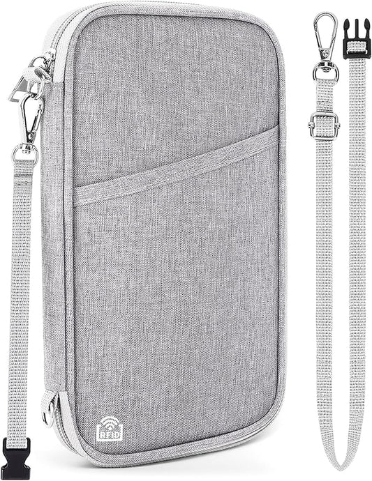 Family Passport Holder for Travel, RFID Blocking Travel Document Organizer with Flexible Carrying Style, Portable Passport Wallet and Essentials for Trip (Grey)