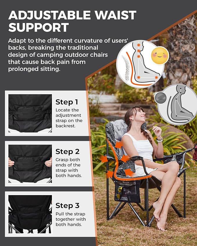 KingCamp Oversized Camping Folding Chair, Heavy Duty 450 LBS with Lumbar Support, Padded seat with Cup Holder&Cooler Bag, Ideal for Camp, Fishing, Sports Event, Backyard, Patio, Lawn (Black/Grey)