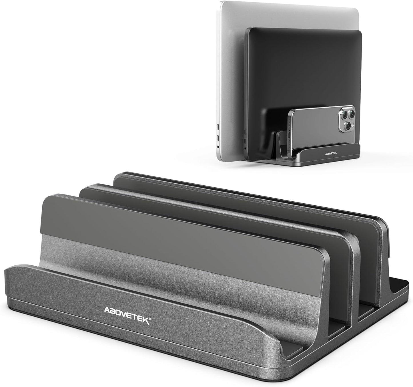 AboveTEK Vertical Laptop Stand, 3 Slots Aluminum Desk Laptop Holder & Laptop Docking Station Stand for MacBook, Tablet, Phone - Universal Fit (Up to 17.3") - Heavy Duty Polished, Anti Slide - Grey