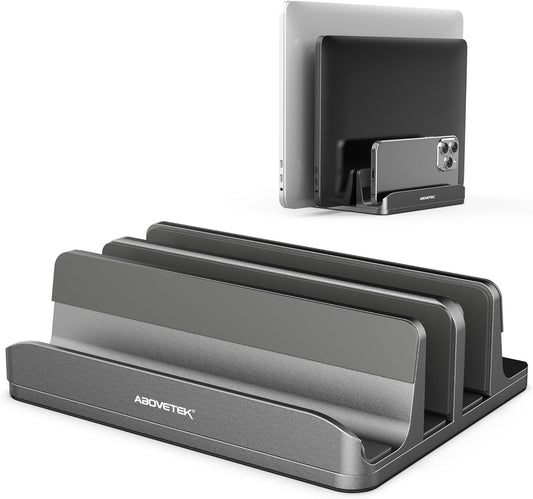 AboveTEK Vertical Laptop Stand, 3 Slots Aluminum Desk Laptop Holder & Laptop Docking Station Stand for MacBook, Tablet, Phone - Universal Fit (Up to 17.3") - Heavy Duty Polished, Anti Slide - Grey