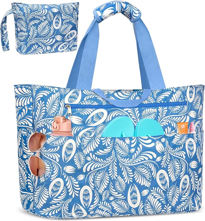 BKNOOU Extra Large Beach Bags Waterproof Sandproof XL Beach Tote Bag for Women Zipper Foldable Swim Pool Bag with Wet Pocket