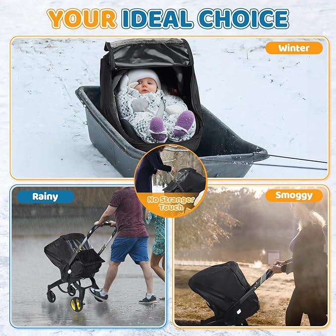 Car Seat Rain Cover with Clear Peep Window, Universal Car Seat Cover Baby with Zipper Door and Side Ventilation, All-Round Snow, Wind & Rain Canopy Waterproof Cover, Machine Washable, Black
