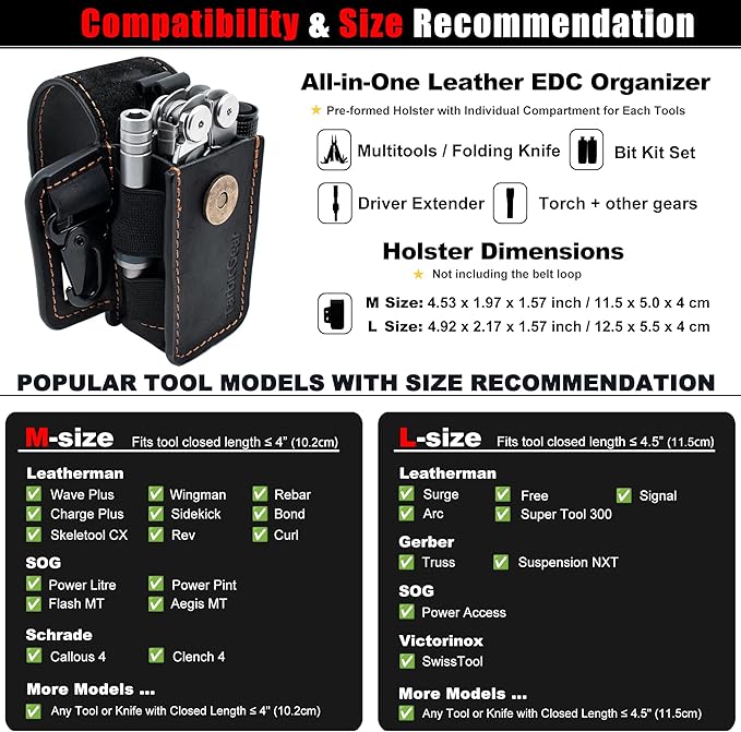 Leather Multitool Sheath for Belt, Multitool Holster with Belt Clip for Men, Pocket Organizer for Work, Fits for Leatherman, SOG, Gerber Tools