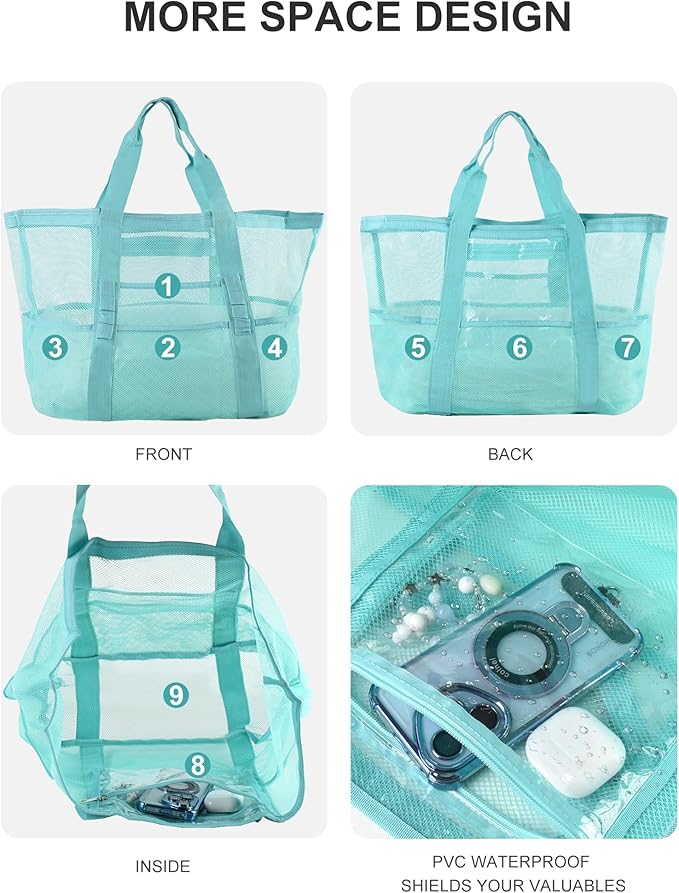 Genteen 40L Mesh Beach Bag, Foldable Sandproof Tote with Waterproof Pocket Quick Dry for Women Family Pool Vacation（White