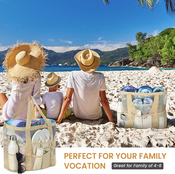 Tavaleu Mesh Beach Bag - Large Beach Tote with Multi Functional Pockets for Family Travel/Vacation