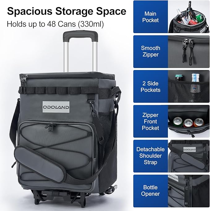 Odoland 48/72 Can Rolling Cooler Bag with Wheels & Handle, Collapsible Insulated Ice Chest for Beach, Camping & Tailgating - Portable Travel Soft Cooler on Wheels, Collapses for Easy Storage