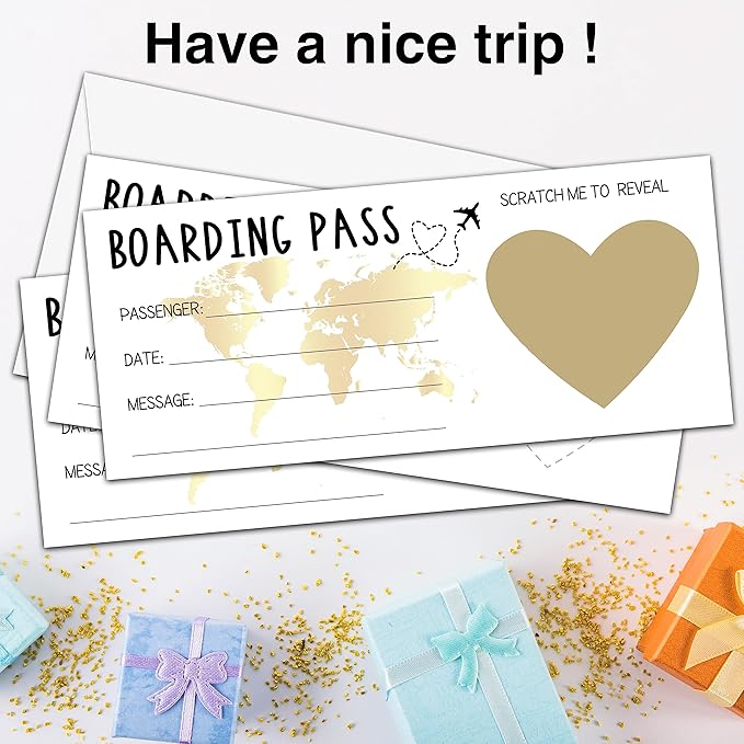AWSICE Scratch Surprise Boarding Pass, 1 Set Make Your Own DIY Travel Ticket, Surprise Reveal Card for Holiday, Christmas, Wedding, Birthday, Anniversary, Party Supply(3.5"x8" Gold)-A001