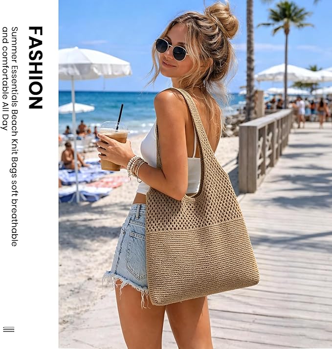 SUOSDEY Crochet Mesh Beach Tote Bag, Knit Summer Vacation Aesthetic Boho Tote Bag for Women