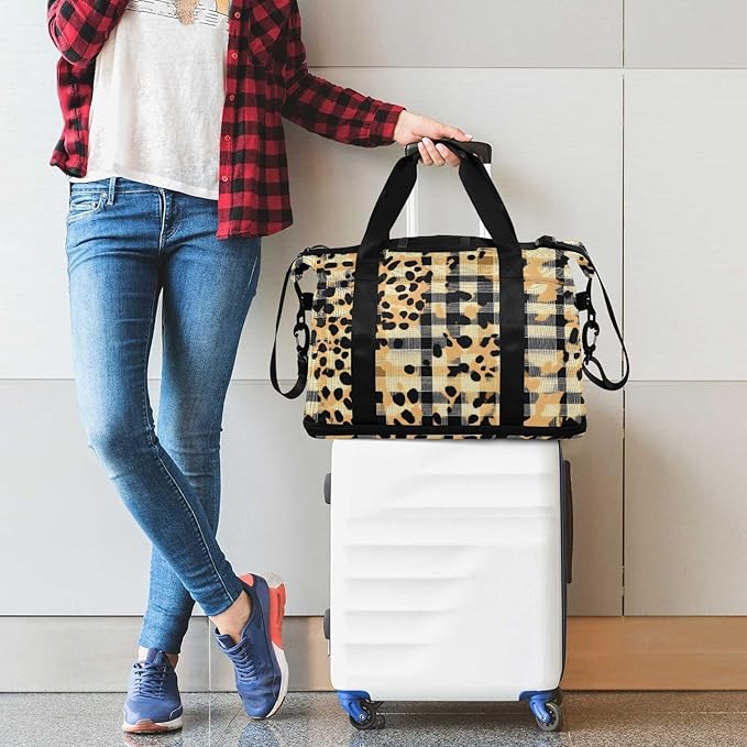 Gym Bag Duffel Bags Checkered Leopard Print Carry On Weekender Bag Set with Shoes Compartment for Travel Sports Yoga