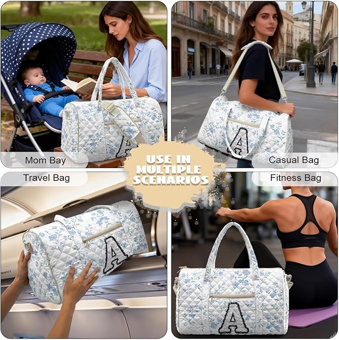 COEQINE Blue Floral Duffle Bag Quilted Tote Bag For Women Medium Personal Item Travel Bag Initial Name A-Z Toiletry Bag Weekender Overnight for Workout