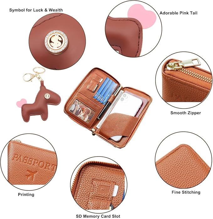 Multi-Functional Passport Holder Cover with Purse Charms,Premium Travel Wallet RFID Blocking Passport Cover Card Case for Holds Phones, Passports, Cash, Cards & Boarding Passes-Brown
