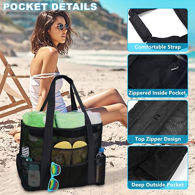 Mesh Beach Bag [Family Set] Extra Large Beach Tote Bag with Zipper Foldable Beach Toy Bag For Sand Toys & Women Vacation Essentials