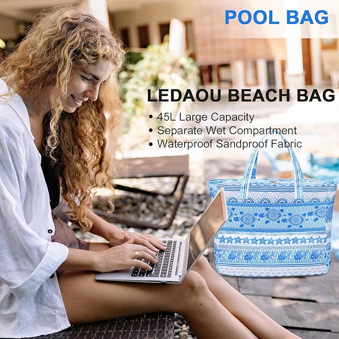 LEDAOU Beach Bag Waterproof Sandproof Women Beach Tote Pool Bag with Zipper for Swim Gym Grocery Travel with Wet Pocket | Sandproof, with Zipper, for Gym, Grocery, Travel, with Wet Pocket