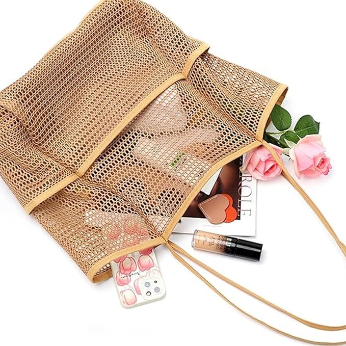 Large Beach Bags for Women, Mesh Beach Tote with Zipper, Foldable Pool Tote Bag Travel Beachbag Waterproof Sandproof