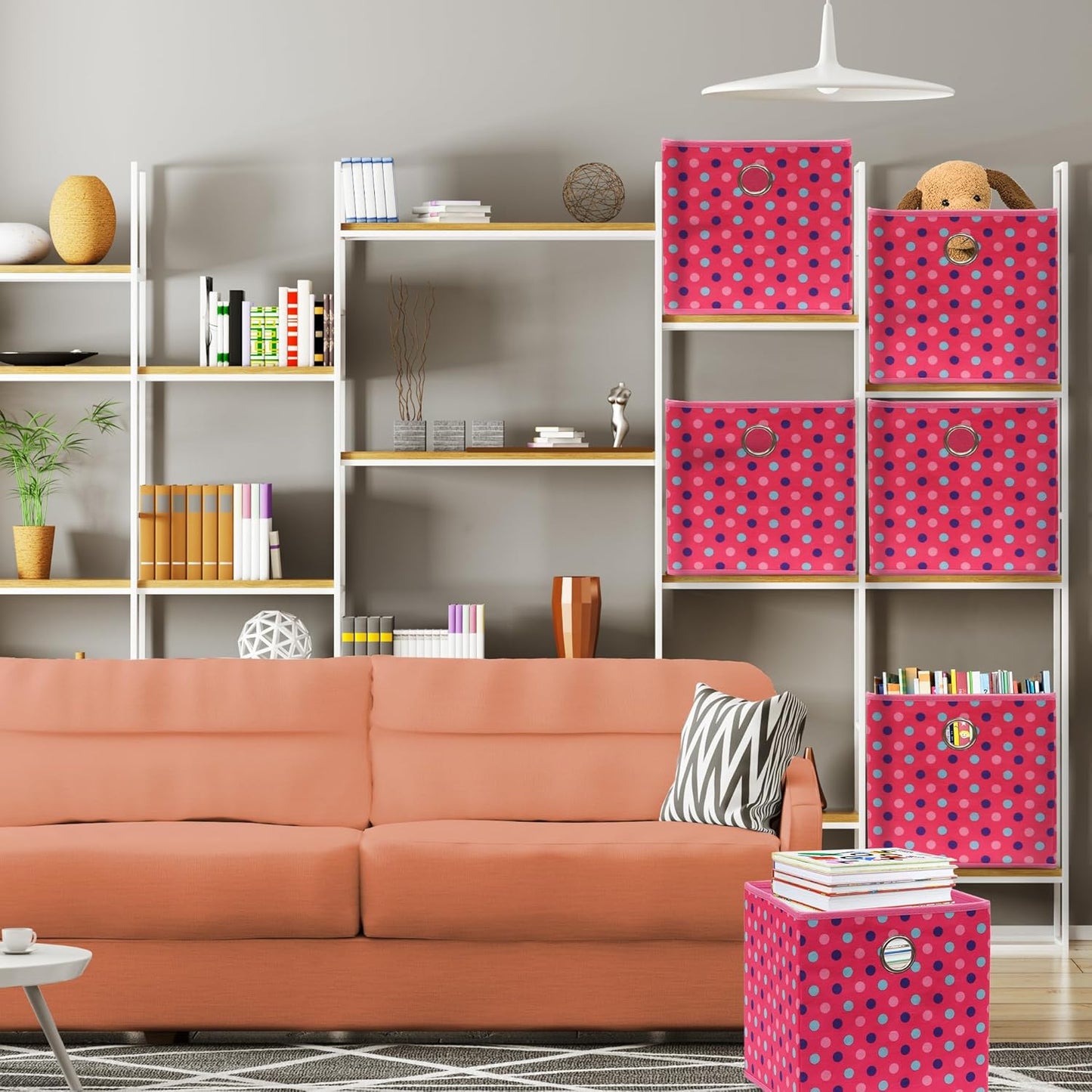 SIMPLE HOUSEWARE 10-Inch Collapsible Fabric Cube Storage Bin with Handles, Printed Design, 6 Pack, Pink